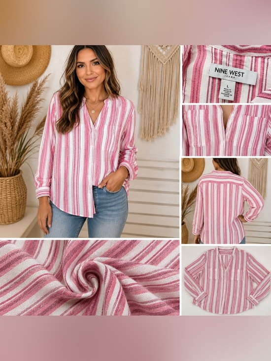 Nine West Tops - Nine West Pink and White Linen blend Striped Button-Down V-Neck Shirt